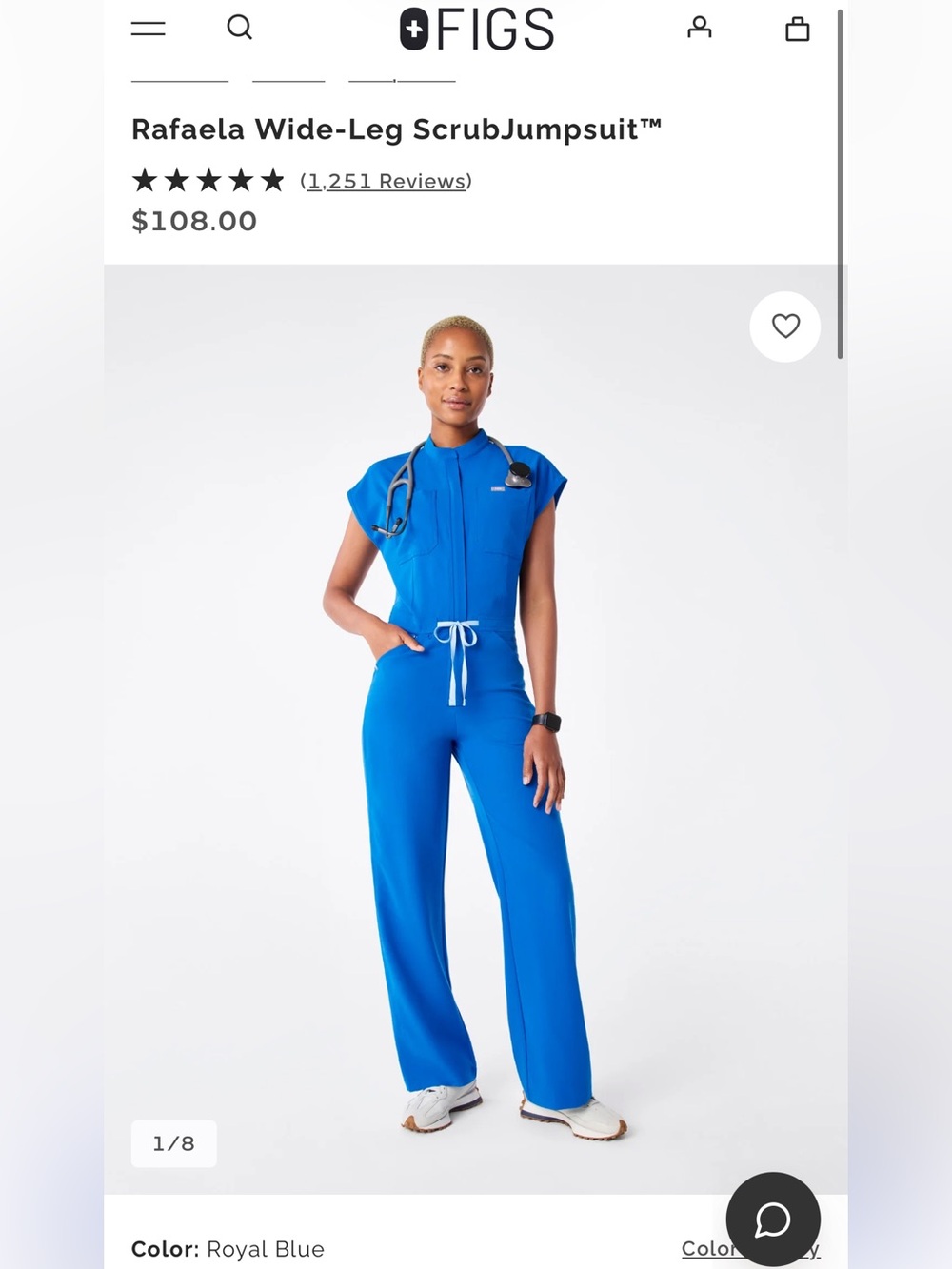Figs Rafaela Wide-Leg Jumpsuit Scrubs in Cobalt Blue